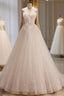 A-Line Tulle Flower Light Champagne Long Formal Prom Dresses, Shiny Formal Dresses