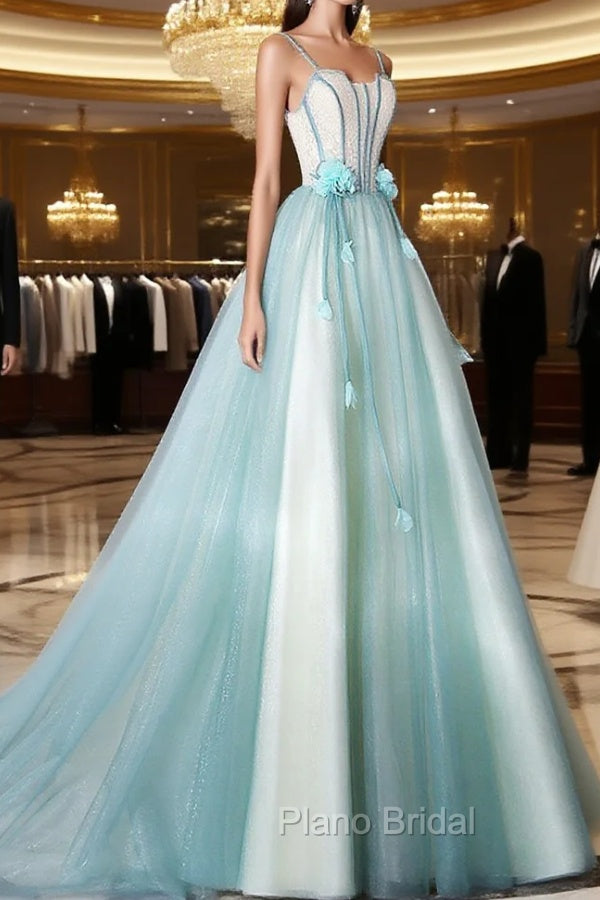 A-Line Tulle Green Long Formal Prom Dresses, Green Graduation Dresses with Sweep Train Secondary image