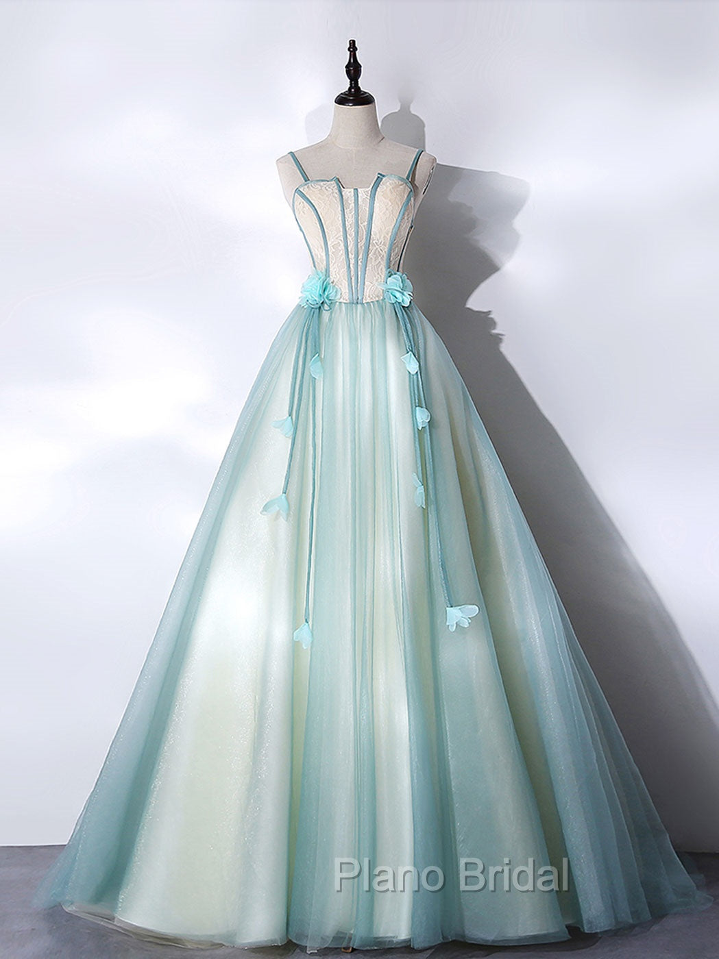 A-Line Tulle Green Long Formal Prom Dresses, Green Graduation Dresses with Sweep Train