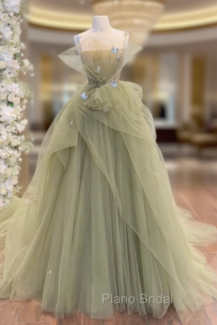 A-Line  Tulle Green Long Formal Prom Dresses, Green Tulle Long Sweet 16 Dresses Main image