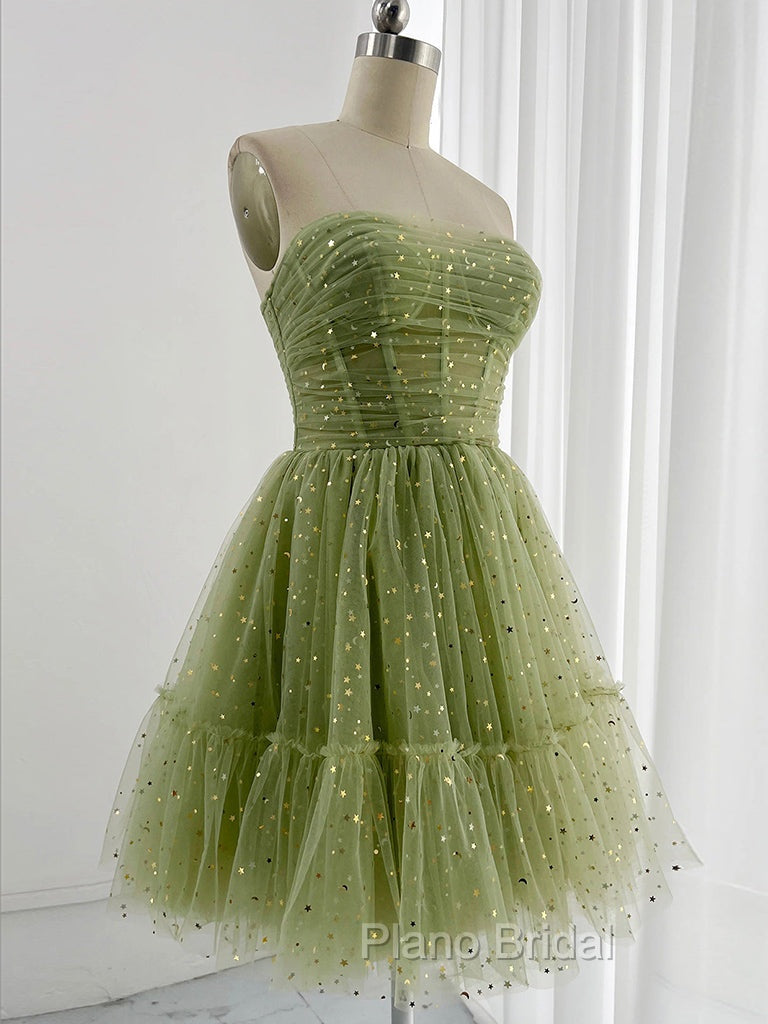 A-Line Tulle Green Short Formal Prom Dresses, Cute Green Homecoming Dresses