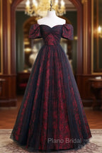 A-Line Tulle Lace Black/burgundy Long Formal Prom Dresses, Black/Burgundy Long Formal Dresses