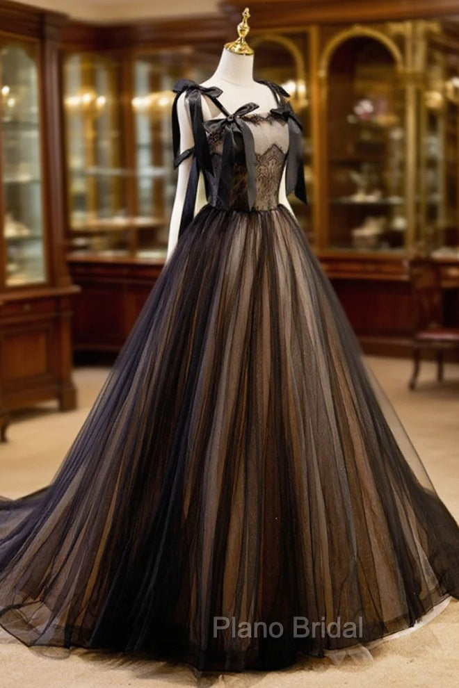 A-Line Tulle Lace Black Long Formal Prom Dresses, Black Formal Evening Dresses Secondary image