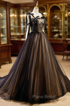 A-Line Tulle Lace Black Long Formal Prom Dresses, Black Formal Evening Dresses