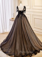 A-Line Tulle Lace Black Long Formal Prom Dresses, Black Formal Evening Dresses