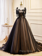 A-Line Tulle Lace Black Long Formal Prom Dresses, Black Formal Evening Dresses