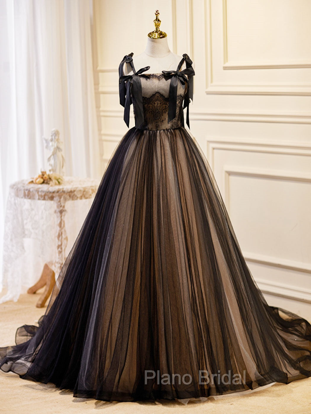 A-Line Tulle Lace Black Long Formal Prom Dresses, Black Formal Evening Dresses Main image