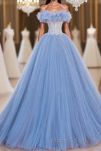 A-Line Tulle Lace Blue Long Formal Prom Dress, Blue Lace Long Formal Dress