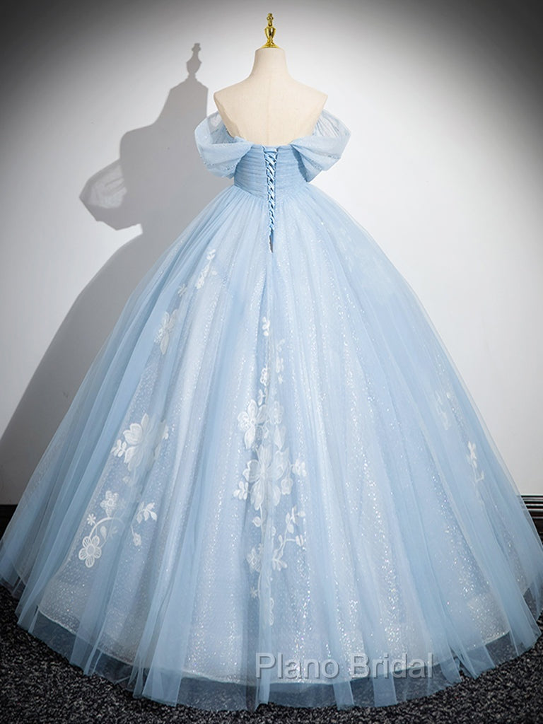 A-Line Tulle Lace Blue Long Formal Prom Dresses, Off Shoulder Blue Long Sweet 16 Dresses