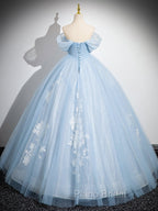 A-Line Tulle Lace Blue Long Formal Prom Dresses, Off Shoulder Blue Long Sweet 16 Dresses