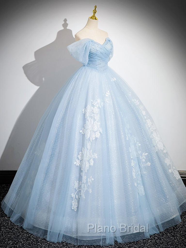 A-Line Tulle Lace Blue Long Formal Prom Dresses, Off Shoulder Blue Long Sweet 16 Dresses