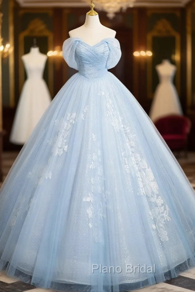 A-Line Tulle Lace Blue Long Formal Prom Dresses, Off Shoulder Blue Long Sweet 16 Dresses