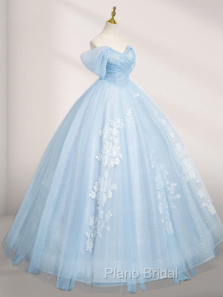 A-Line Tulle Lace Blue Long Formal Prom Dresses Off Shoulder Sky Blue Dresses Secondary image