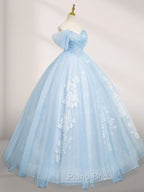 A-Line Tulle Lace Blue Long Formal Prom Dresses Off Shoulder Sky Blue Dresses