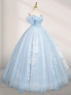 A-Line Tulle Lace Blue Long Formal Prom Dresses Off Shoulder Sky Blue Dresses