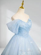 A-Line Tulle Lace Blue Long Formal Prom Dresses Off Shoulder Sky Blue Dresses