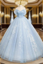 A-Line Tulle Lace Blue Long Formal Prom Dresses Off Shoulder Sky Blue Dresses