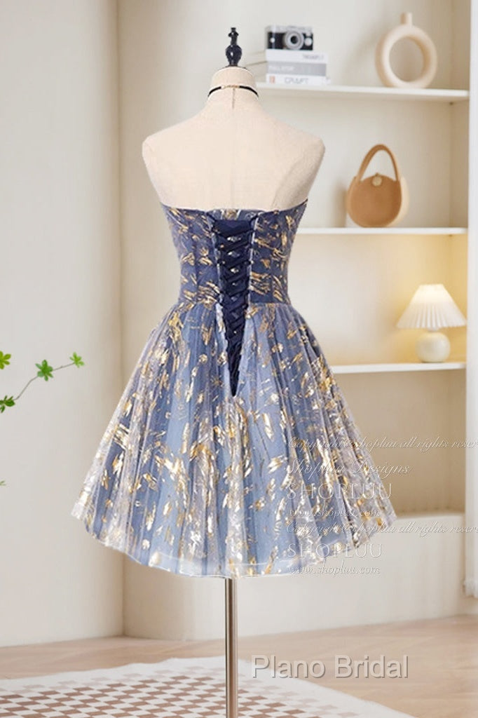 A-Line Tulle Lace Blue Short Formal Prom Dresses, Cute Blue Homecoming Dresses Secondary image