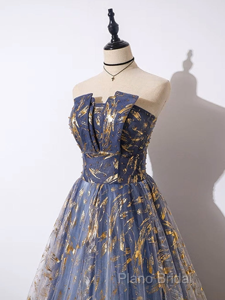 A-Line Tulle Lace Blue Short Formal Prom Dresses, Cute Blue Homecoming Dresses
