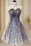 A-Line Tulle Lace Blue Short Formal Prom Dresses, Cute Blue Homecoming Dresses