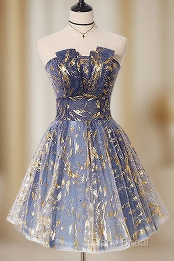 A-Line Tulle Lace Blue Short Formal Prom Dresses, Cute Blue Homecoming Dresses Main image
