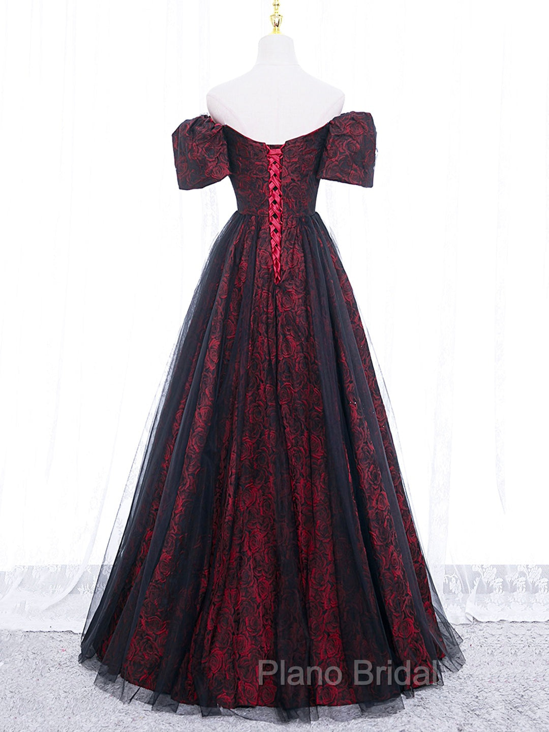 A-Line Tulle Lace Burgundy Long Formal Prom Dresses, Burgundy Long Formal Dresses