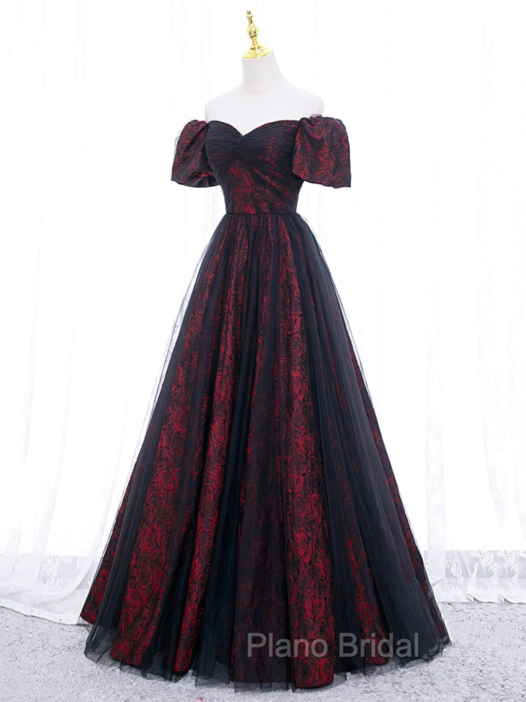 A-Line Tulle Lace Burgundy Long Formal Prom Dresses, Burgundy Long Formal Dresses