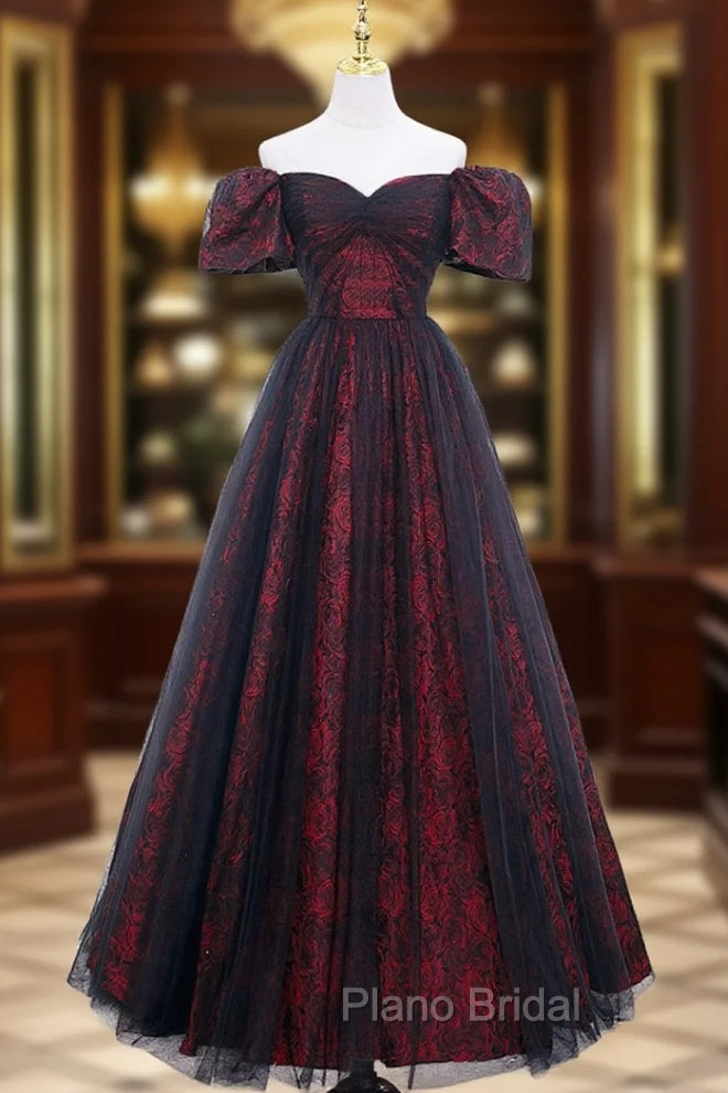 A-Line Tulle Lace Burgundy Long Formal Prom Dresses, Burgundy Long Formal Dresses