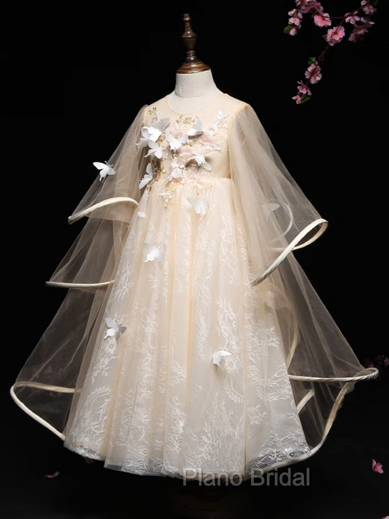 A-Line Tulle Lace Butterfly Champagne Flower Girl Dresses
