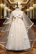 A-Line Tulle Lace Butterfly Champagne Flower Girl Dresses