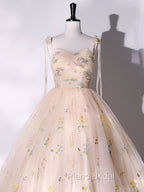 A-Line Tulle Lace Champagne Long Formal Prom Dresses, Champagne Formal Sweet 16 Dresses