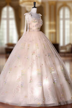 A-Line Tulle Lace Champagne Long Formal Prom Dresses, Champagne Formal Sweet 16 Dresses