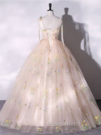 A-Line Tulle Lace Champagne Long Formal Prom Dresses, Champagne Formal Sweet 16 Dresses
