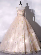 A-Line Tulle Lace Champagne Long Formal Prom Dresses, Champagne Formal Sweet 16 Dresses