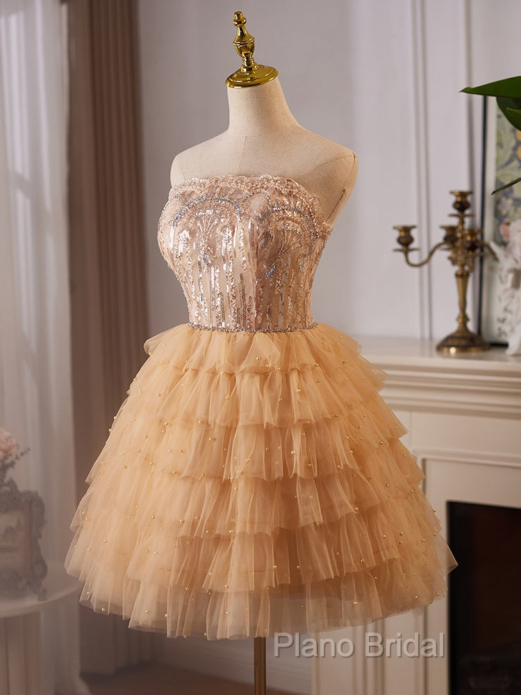 A-Line Tulle Lace Champagne Short Formal Prom Dresses, Champagne Homecoming Dresses Secondary image