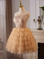 A-Line Tulle Lace Champagne Short Formal Prom Dresses, Champagne Homecoming Dresses
