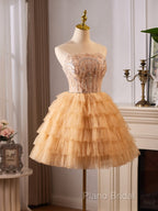 A-Line Tulle Lace Champagne Short Formal Prom Dresses, Champagne Homecoming Dresses