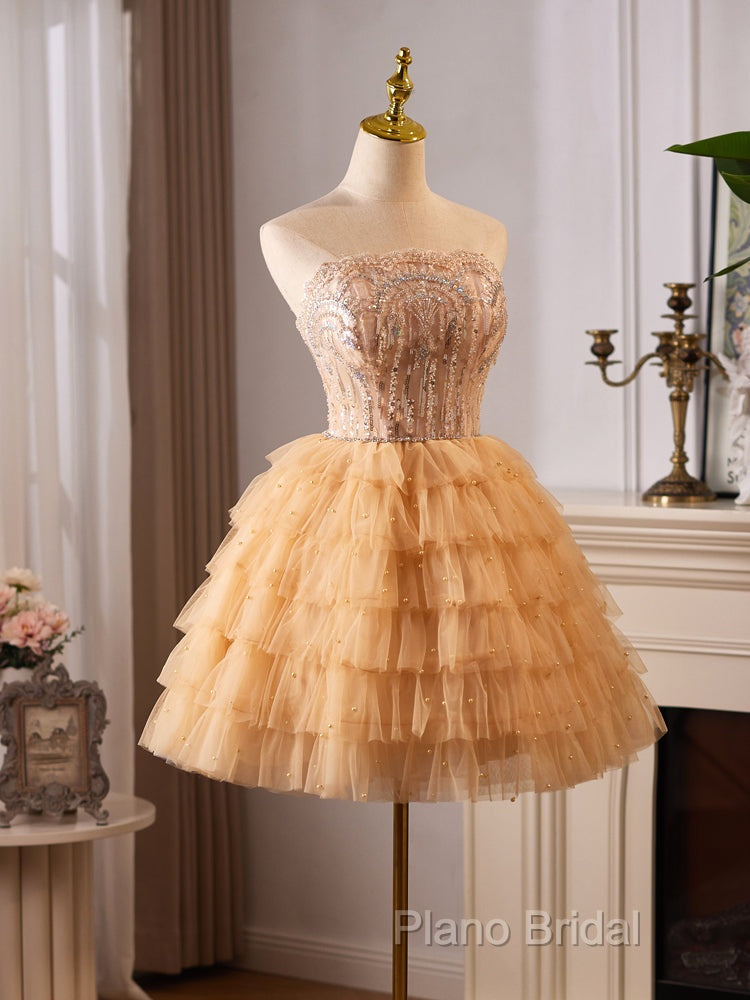 A-Line Tulle Lace Champagne Short Formal Prom Dresses, Champagne Homecoming Dresses