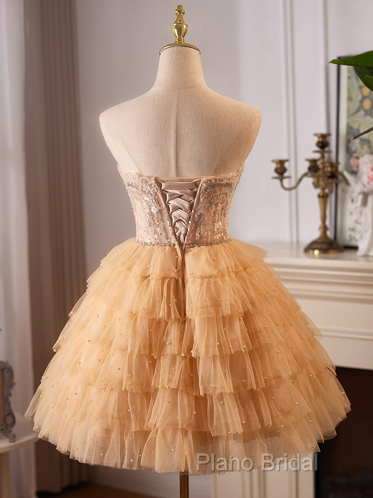 A-Line Tulle Lace Champagne Short Formal Prom Dresses, Champagne Homecoming Dresses