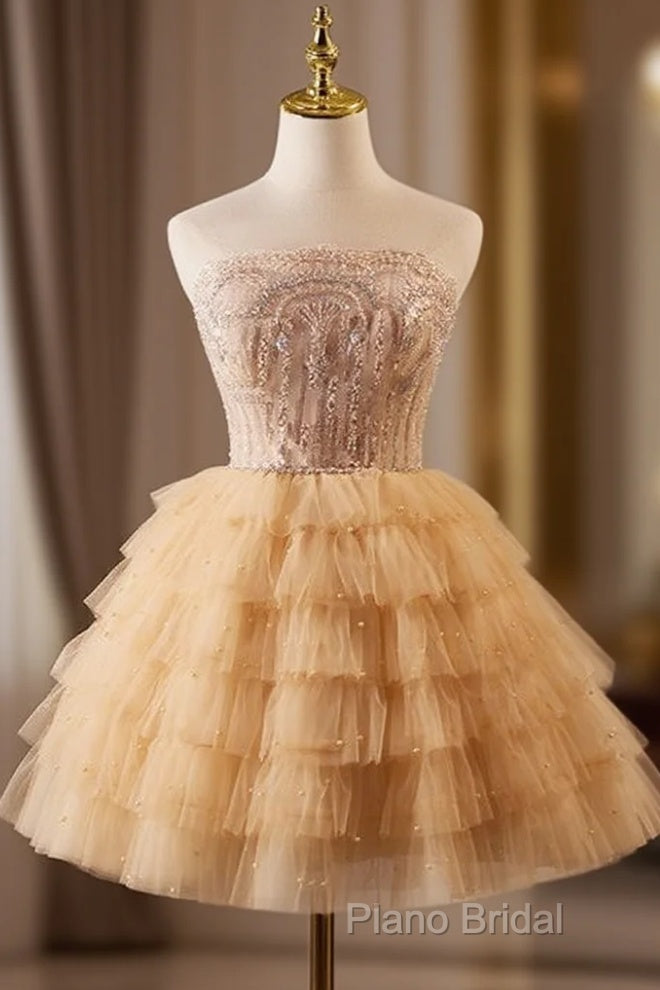 A-Line Tulle Lace Champagne Short Formal Prom Dresses, Champagne Homecoming Dresses Main image