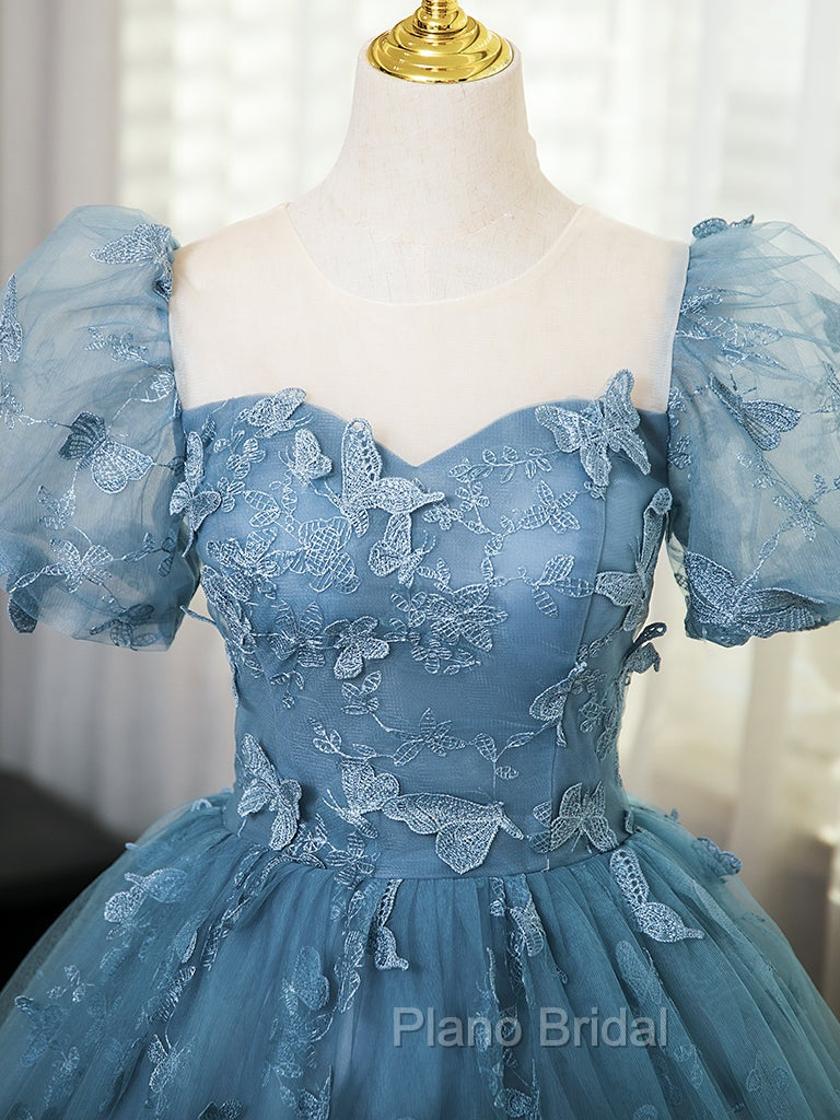 A-Line Tulle Lace Gray Blue Long Formal Prom Dresses, Gray Blue Long Sweet 16 Dresses Secondary image