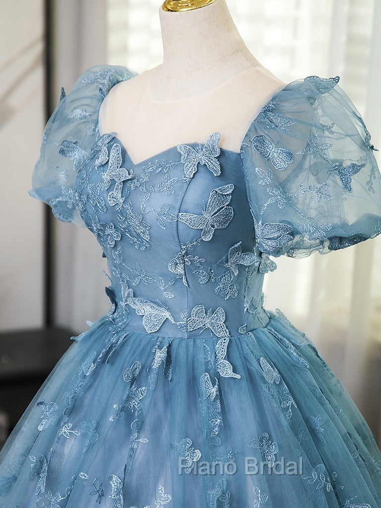 A-Line Tulle Lace Gray Blue Long Formal Prom Dresses, Gray Blue Long Sweet 16 Dresses