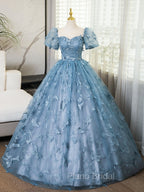 A-Line Tulle Lace Gray Blue Long Formal Prom Dresses, Gray Blue Long Sweet 16 Dresses