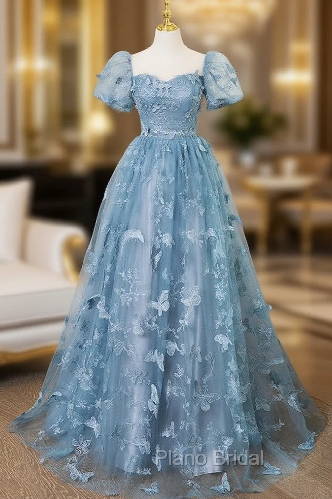 A-Line Tulle Lace Gray Blue Long Formal Prom Dresses, Gray Blue Long Sweet 16 Dresses