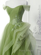 A-Line Tulle Lace Green Long Formal Prom Dresses, Green lace Long Formal Dresses