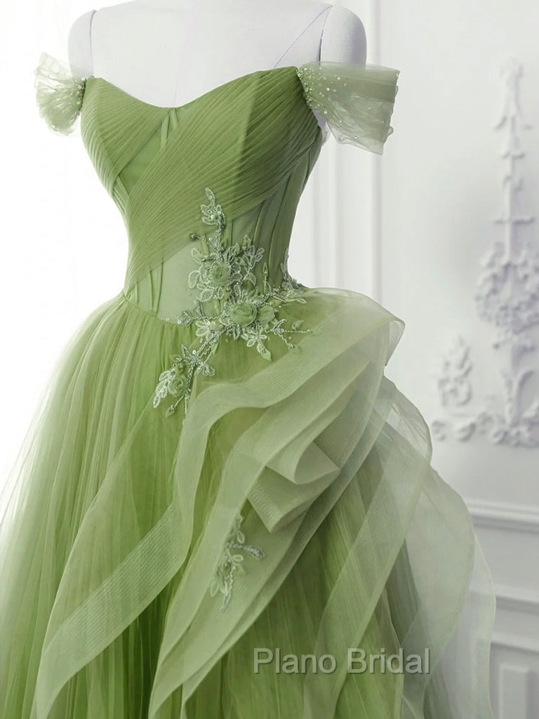 A-Line Tulle Lace Green Long Formal Prom Dresses, Green lace Long Formal Dresses