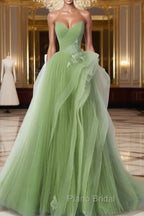 A-Line Tulle Lace Green Long Formal Prom Dresses, Green lace Long Formal Dresses