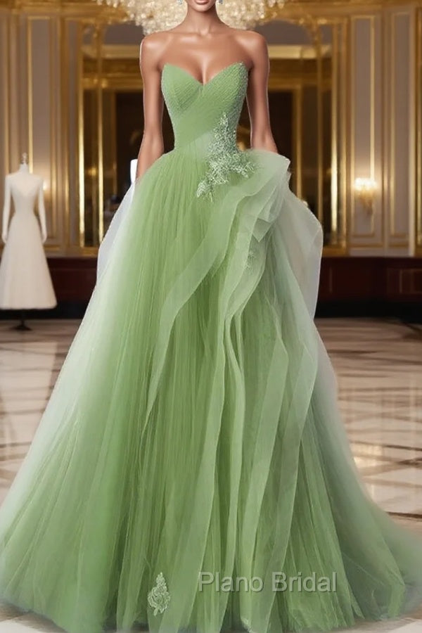 A-Line Tulle Lace Green Long Formal Prom Dresses, Green lace Long Formal Dresses