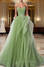 A-Line Tulle Lace Green Long Formal Prom Dresses, Green lace Long Formal Dresses