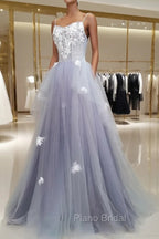 A line Tulle Lace Long Formal Dresses, Lace Tulle Formal Prom Dresses